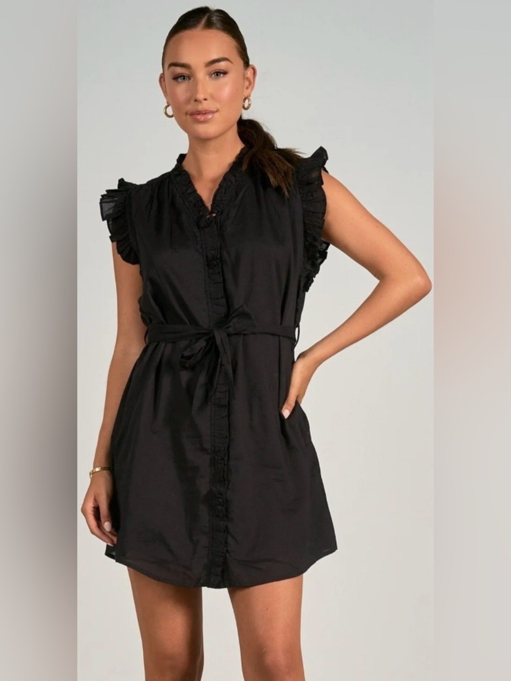 Elan 100% Cotton Black Ruffle Tie-Waist Dress Drese Size M NWT